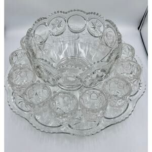 Tiffin-Franciscan L.E Smith Moon & Stars Punch Bowl, Large Under Plate & 10 Cups